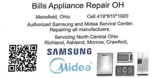 image is a business card for "Bills Appliance Repair OH," located in Mansfield, Ohio.