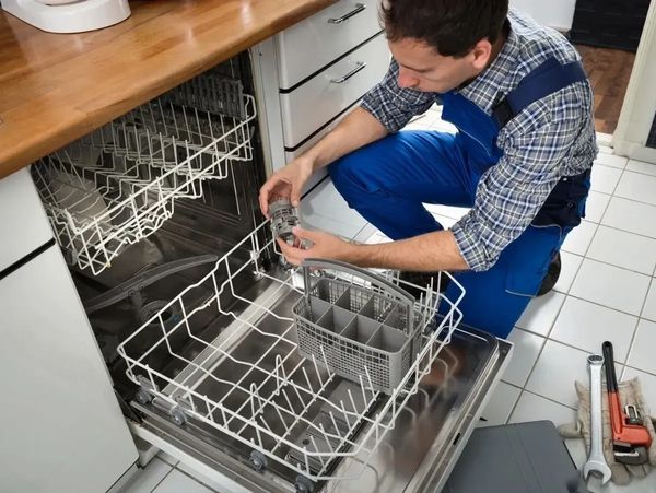 image shows a man repairing a dishwasher