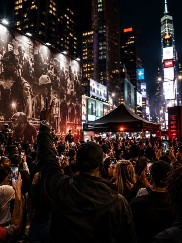 Crowd at night with raised hand and city lights.