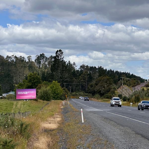 Roadside Reach mobile billboard for Chous- SH10 at Bulls Gorge, Between Paihia & Kerikeri