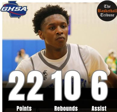 Basketball player with stats: 22 points, 10 rebounds, 6 assists.