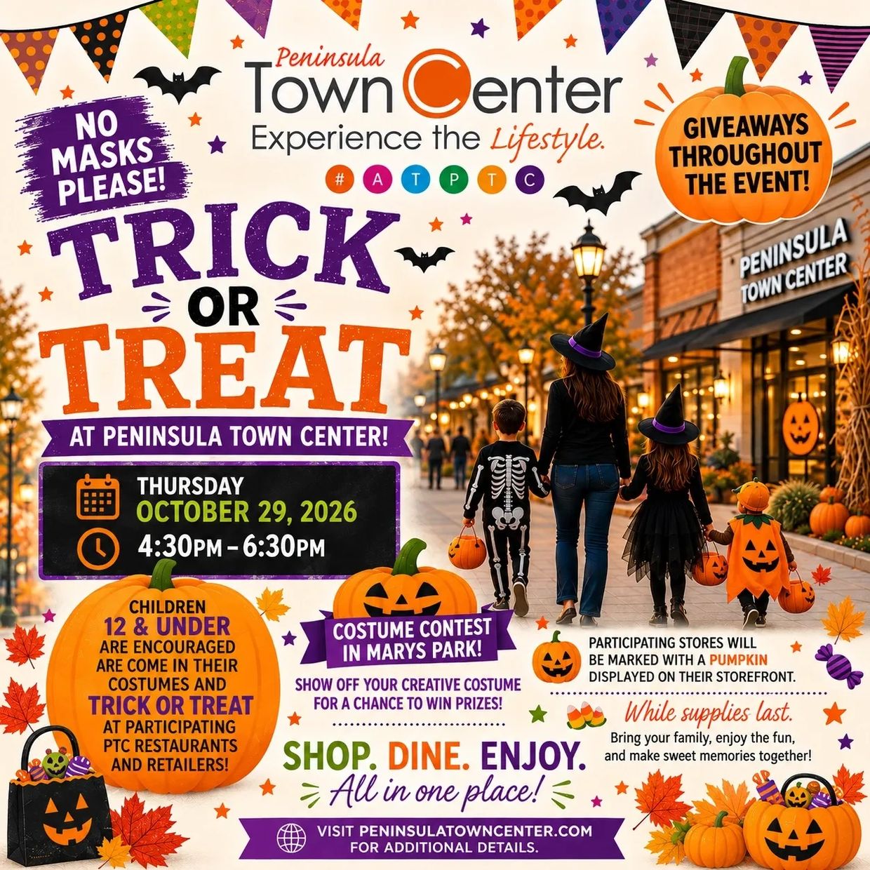 Trick or Treat event at Peninsula Town Center, Oct 29, 2026, 4:30-6:30 PM.