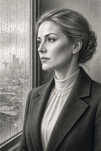 Black and white portrait of a woman looking out a rainy window.
