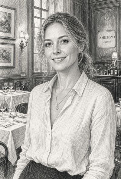 A woman smiling in a classic restaurant setting.