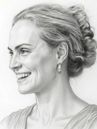 Pencil sketch of a smiling woman with a bun hairstyle.
