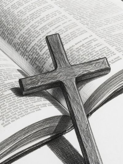 Wooden cross on an open Bible.