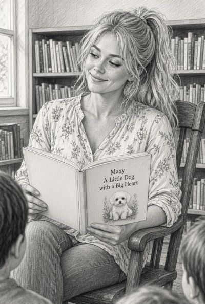 Woman reading a children's book to kids.