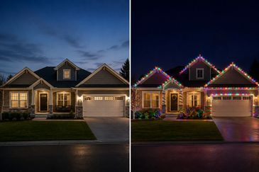 House without and with Christmas lights at night.