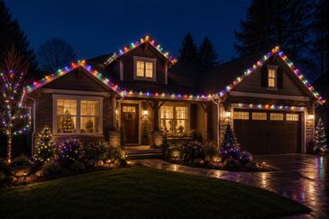 House decorated with Christmas lights at night.