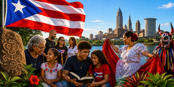 Family celebrating Puerto Rican heritage with flag and traditional dress.