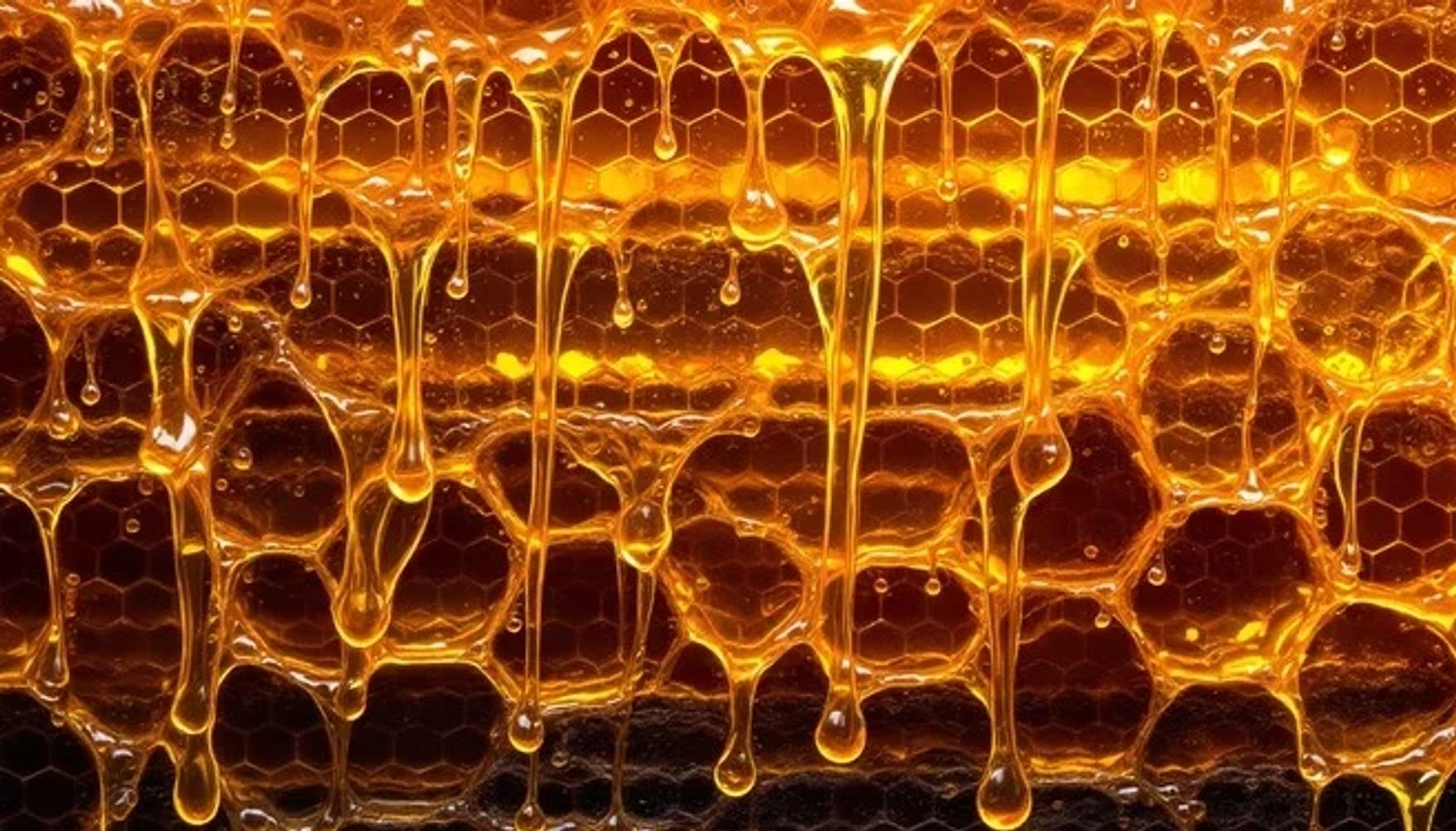 Close-up of honey dripping from a honeycomb.