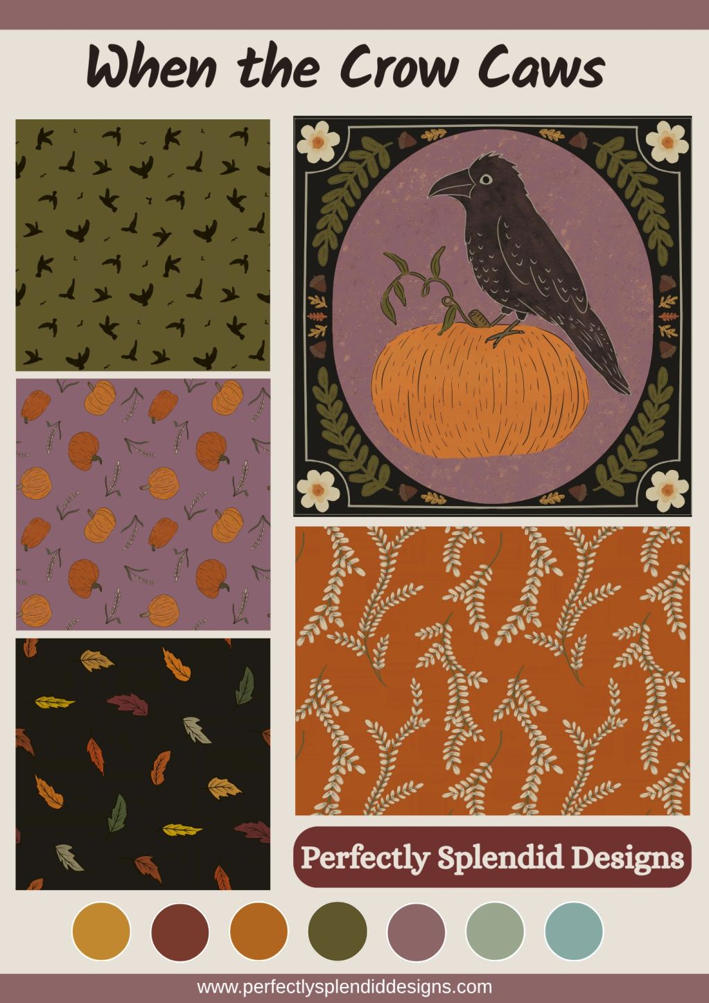 Fall-themed pattern set titled 'When the Crow Caws' with crow, pumpkins, leaves, and buds.