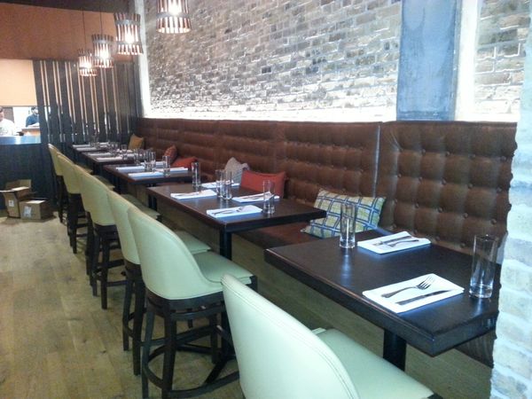 bench, wide, brown, seating, restaurant, night, superior, upholstery