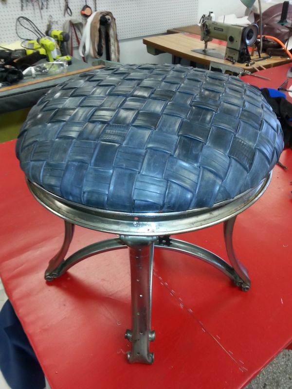 Bicycle, custom, wheels, tires, stool, tools, blue, black, metal, upholstery, weave
