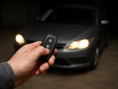 Hand holding a car key remote with a car in the background.