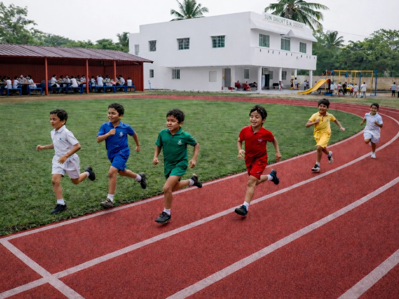 Children in colorful uniforms race on a school track with a white school building in the background.