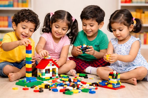 Four children playing happily with colorful building blocks indoors.