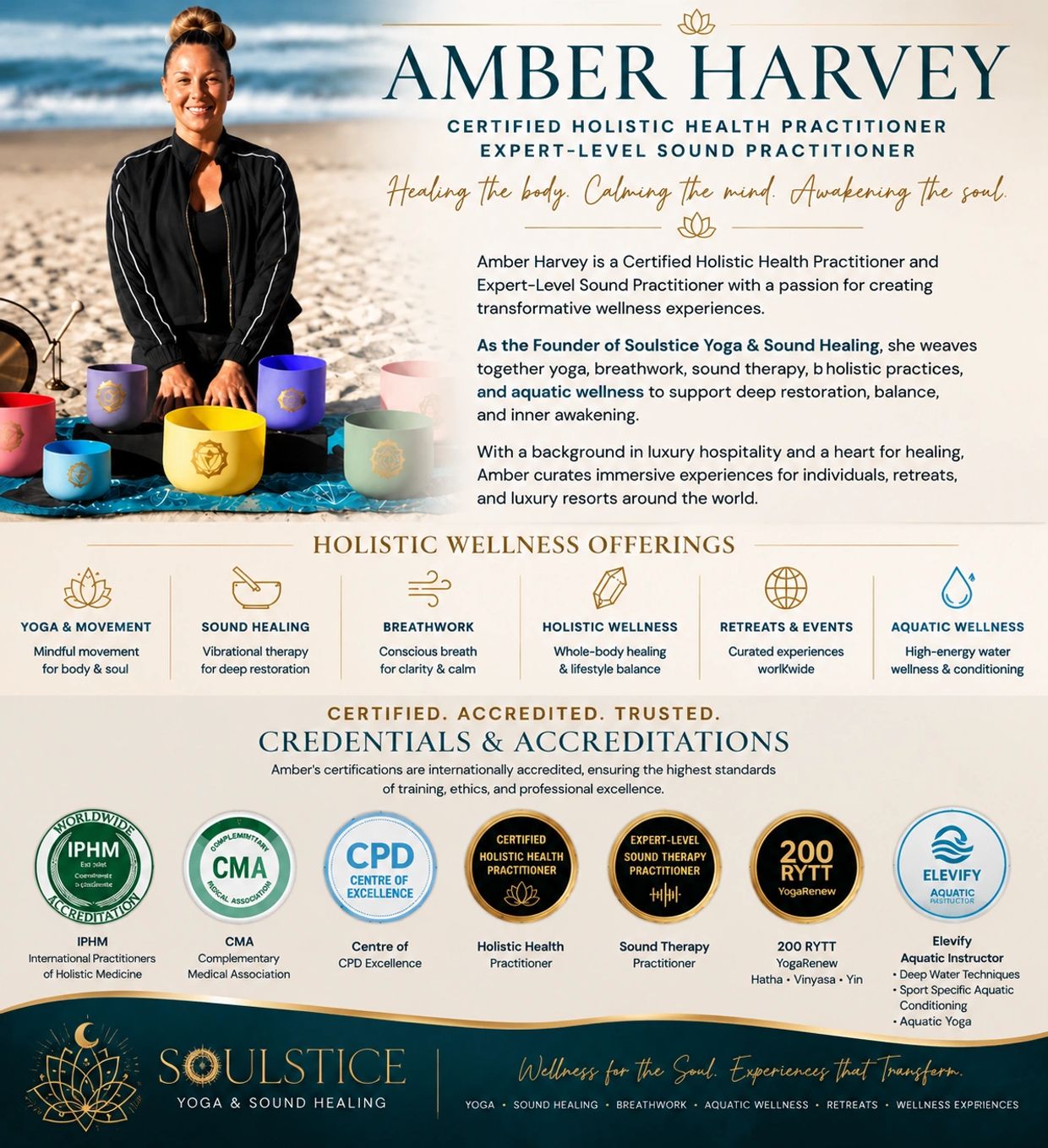 Amber Harvey, practicante holística certificada y experta en sonido, ofrece bienestar integral.