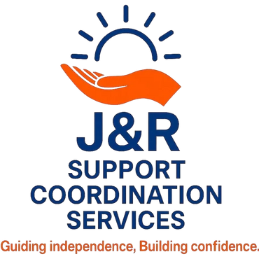 Logo of J&R Support Coordination Services with an orange hand and blue sun.