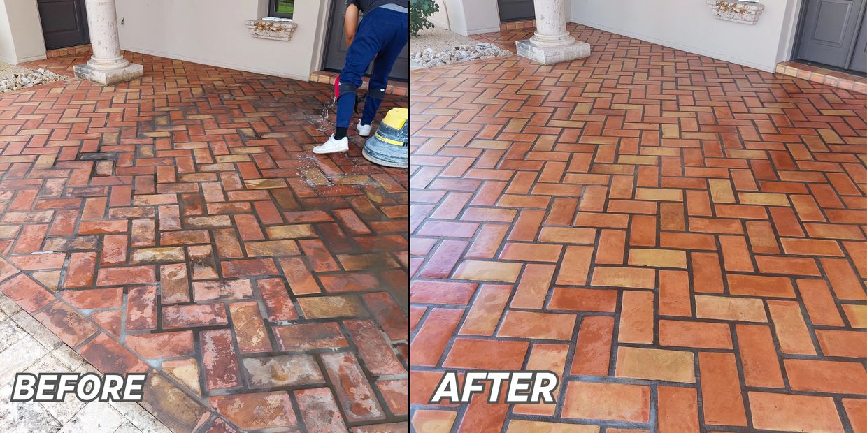 Before and after progress photos of a southwestern red brick patio being restored