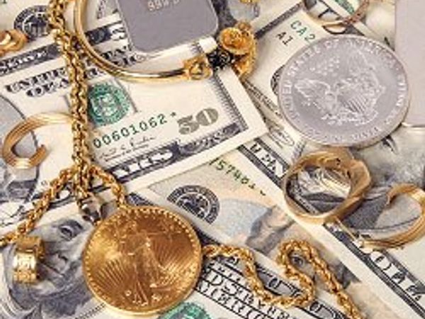 Gold coins, silver bars, and cash symbolize wealth accumulation.