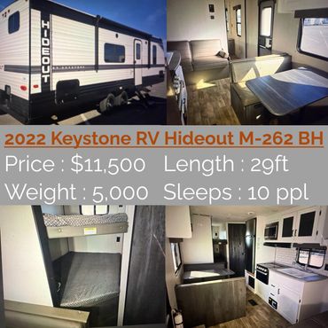 2022 Keystone Hideout RV with modern interior, bunk beds, and kitchen area.