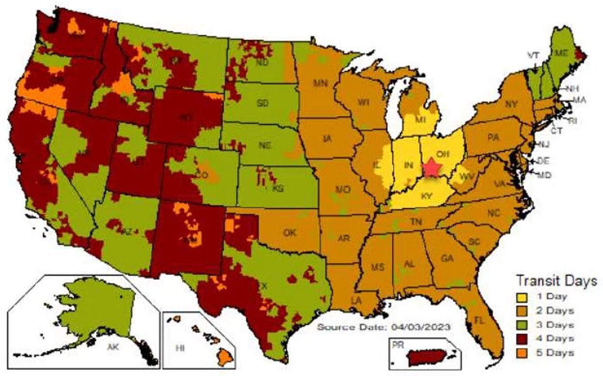 Located in Ohio we are within the 2-3 day transit range for the majority
of the US population