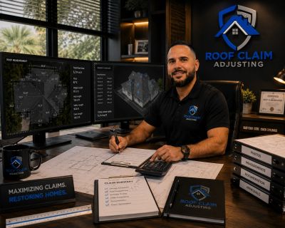Man working at a desk with roof claim adjusting setup.