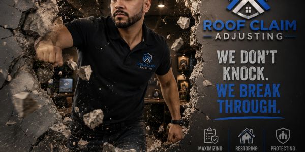Man breaking through a wall with a logo and slogan for Roof Claim Adjusting.