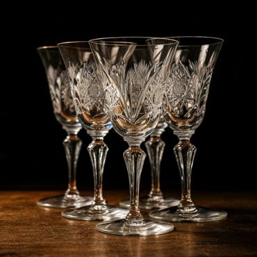 Set of five elegant cut crystal wine glasses on a wooden surface.