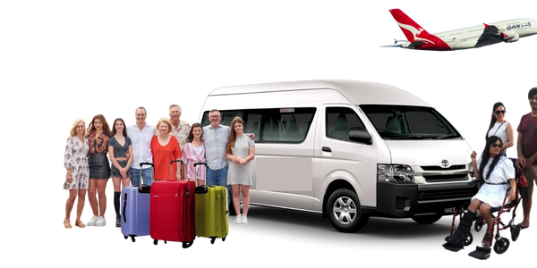 A diverse group of people with luggage next to a white van and a plane flying above.