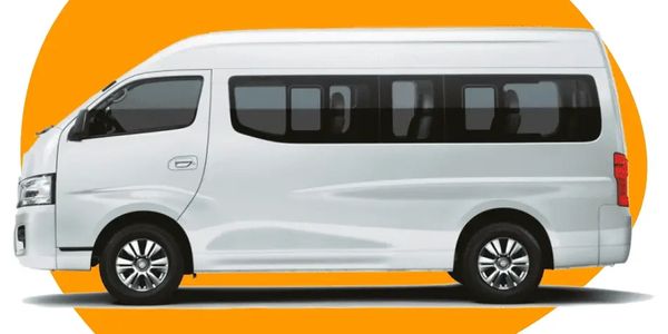 White passenger van against an orange abstract background.