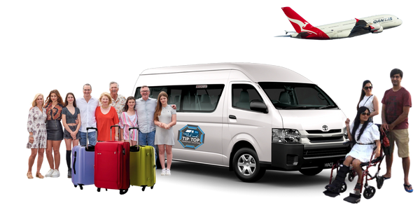 Group of travelers with luggage and a van, plus an airplane in the sky.