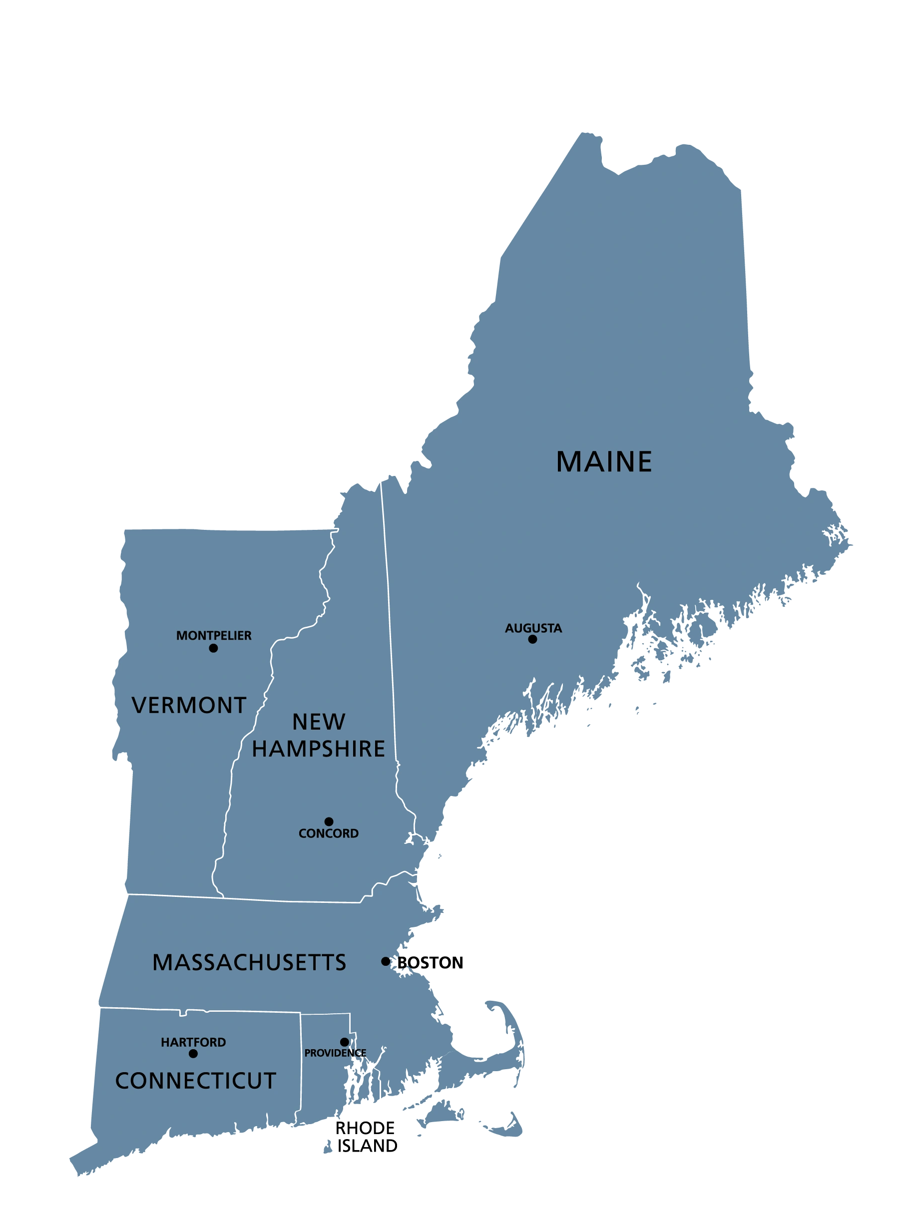 map of new england with states and capitals labled