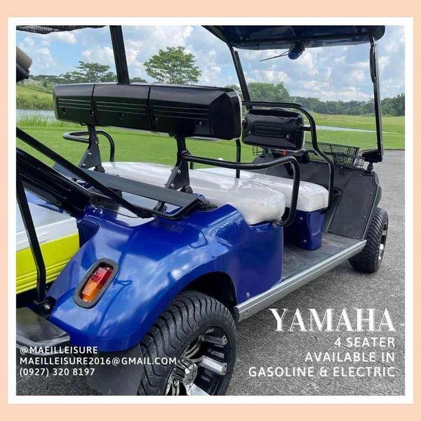 Blue Yamaha 4-seater golf cart available in gasoline and electric.