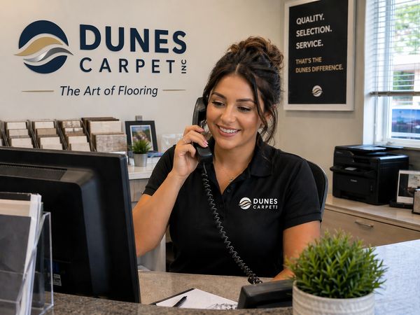 Receptionist smiling while talking on the phone at Dunes Carpet office.