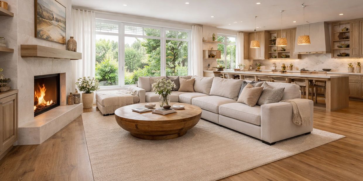 Spacious living room with a large beige sectional sofa and round wooden coffee table.