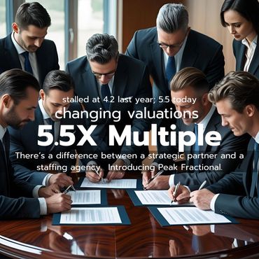 Business professionals signing documents around a table with text on changing valuations and Peak Fractional.