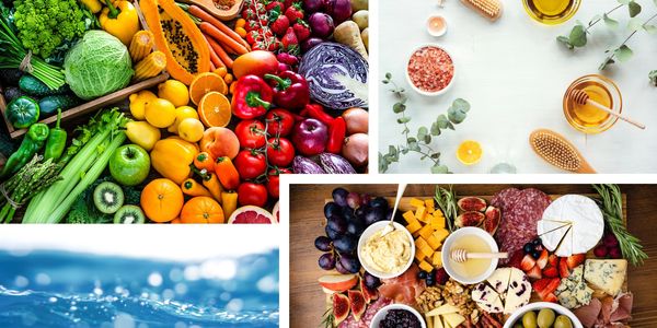 image with vegetables, meat and cheese platter, water, salts and herbs