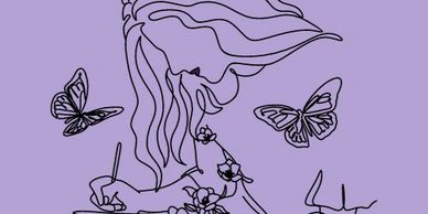 Line art of a woman drawing with butterflies around her on a purple background.