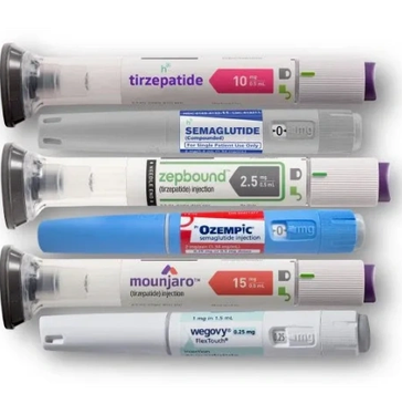 Five injectable pens of diabetes and weight management drugs arranged horizontally.