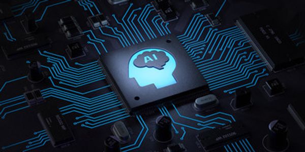 A microchip with AI symbol and glowing circuit lines on a dark motherboard.