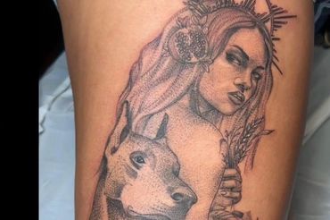 black and grey portrait of woman and her dog with fine line details