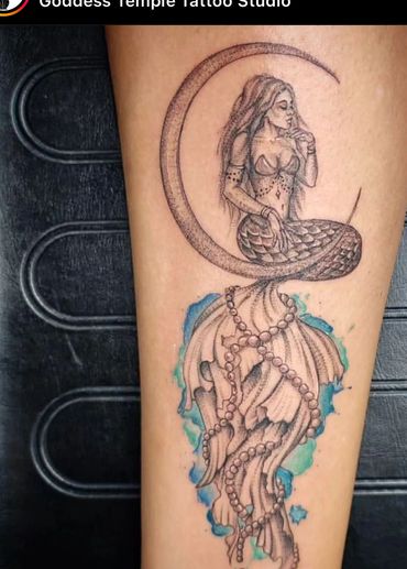 fine line mermaid in moon combining black and grey and watercolor