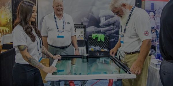 Group of people inspecting a glass window