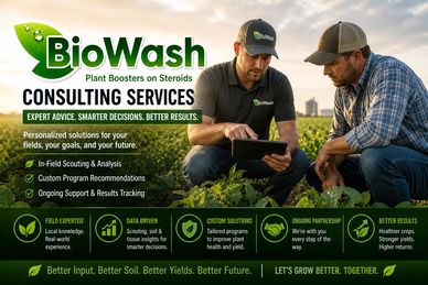 Two farmers review data on a tablet in a field, promoting BioWash consulting services for better crop yields.