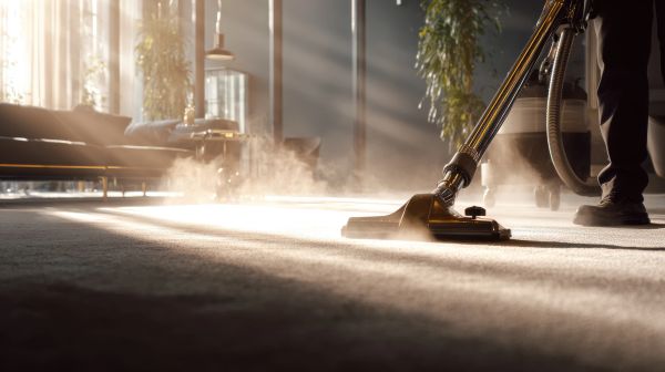 Person vacuuming a carpet in a sunlit room.