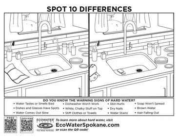 Spot the difference activity for kids with a sink showing before and after reverse osmosis treatment
