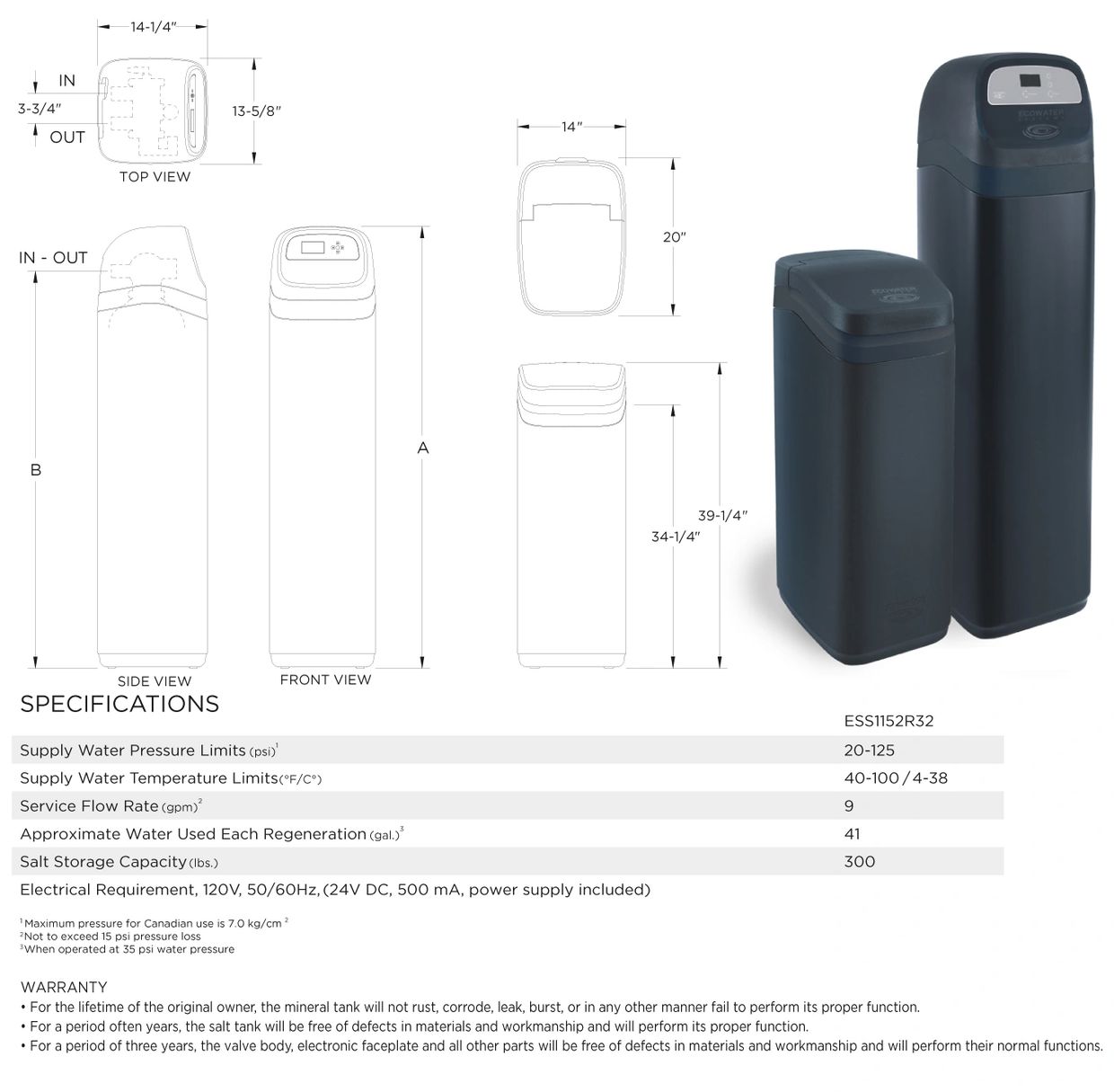 EcoWater ESS1152 water softening system. ESS1152 dimensions and specifications data table.