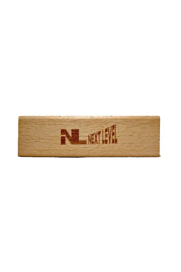 Wooden block with "NL NEXT LEVEL" branding engraved on it.